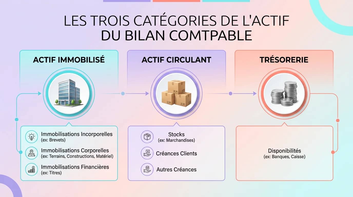 Diagramme montrant les trois catégories de l'actif du bilan : immobilisé, circulant et trésorerie avec des icônes de bâtiment, cartons et pièces