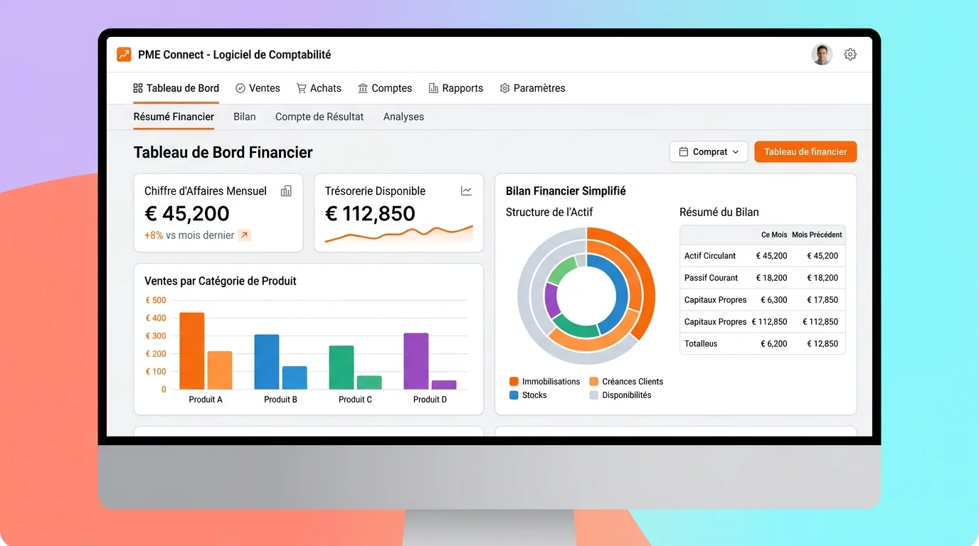 Écran d'ordinateur affichant un logiciel de comptabilité moderne avec graphiques de bilan et tableau de bord financier d'une PME