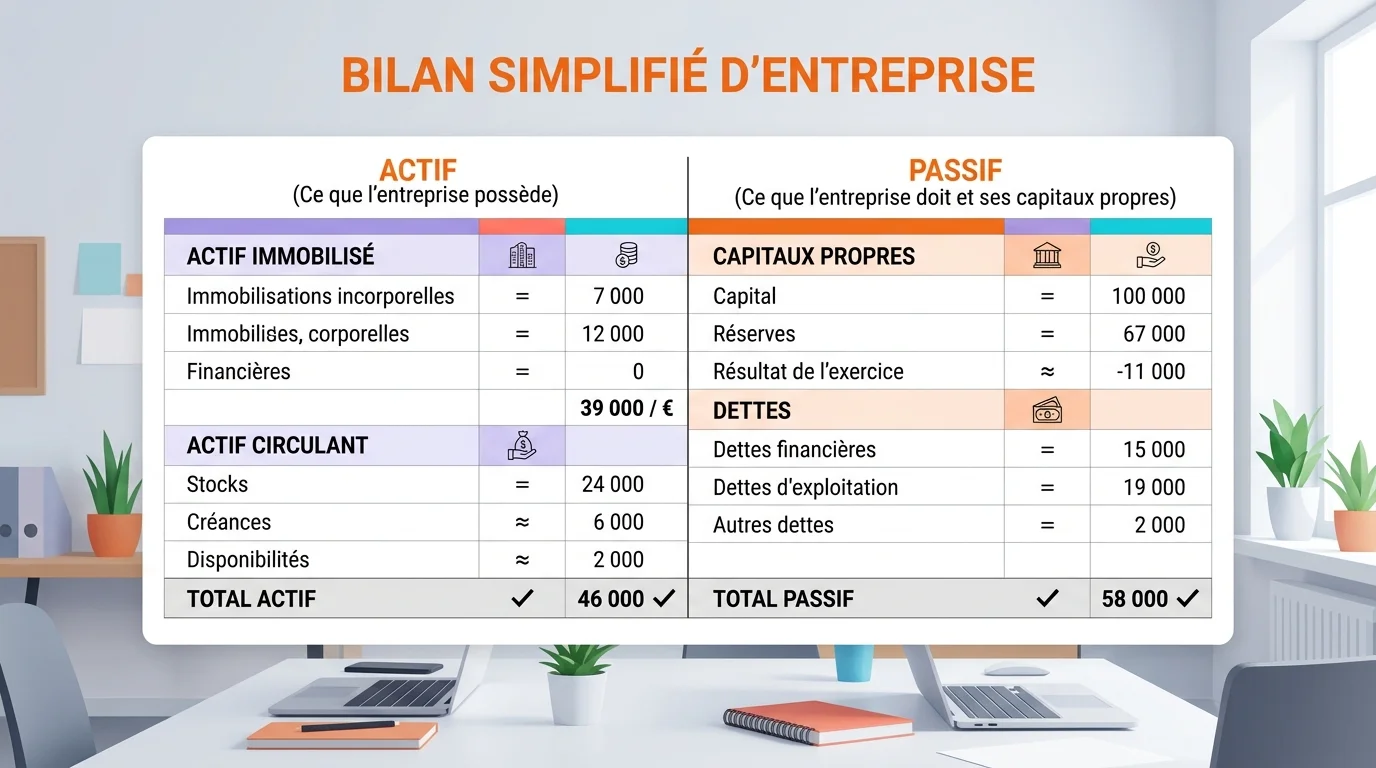 Schéma simplifié d'un bilan d'entreprise avec les colonnes actif et passif détaillées sur un fond de bureau de PME