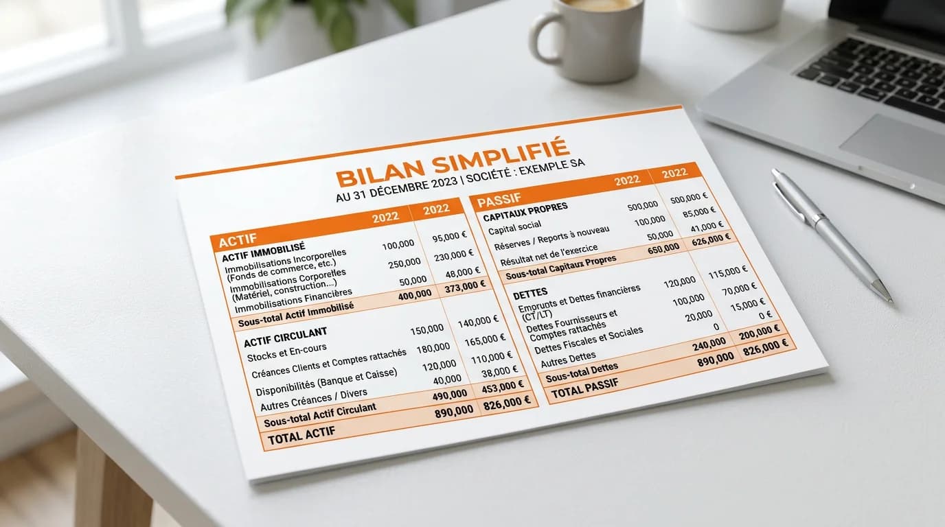 Tableau bilan financier simplifié artisan BTP 8 salariés avec colonnes actif passif et calcul FR BFR TN, fond blanc style comptable