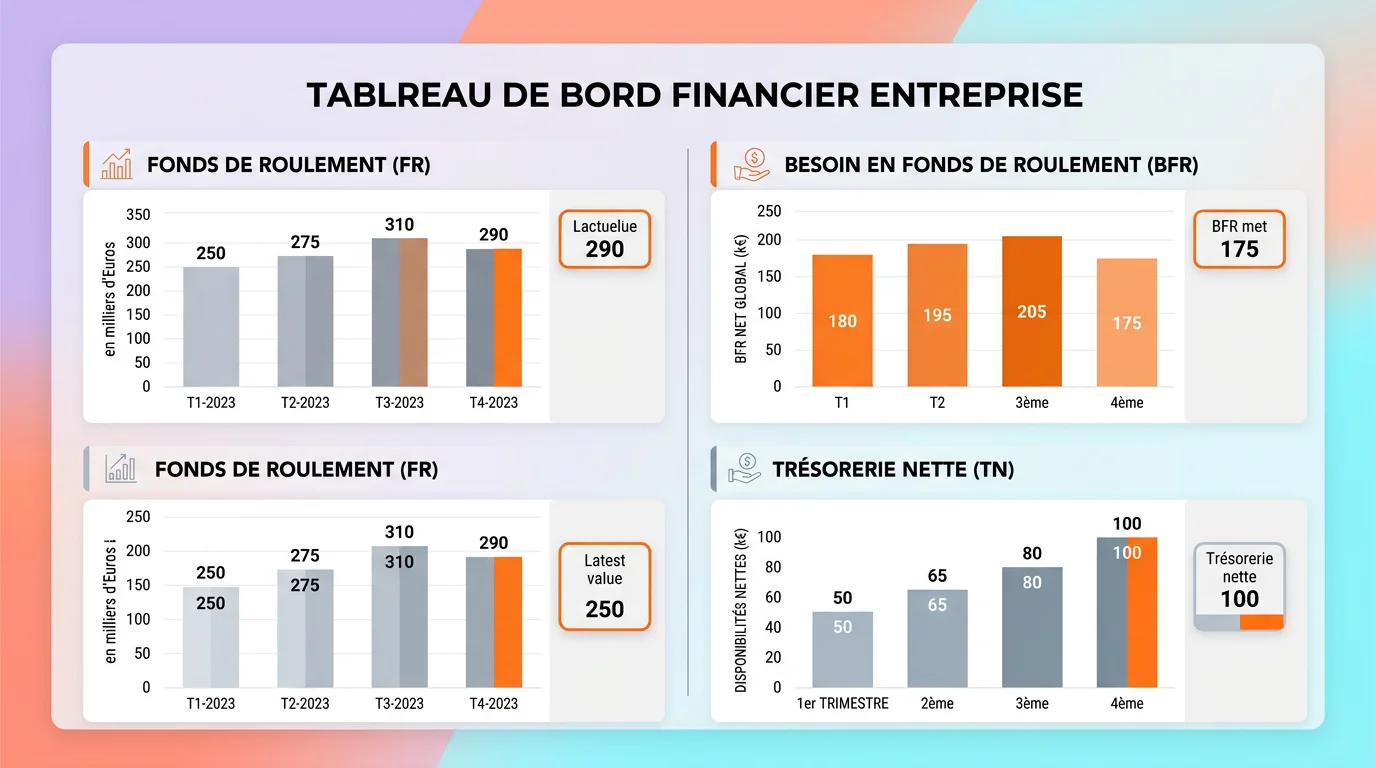 Infographie des 3 ratios financiers clés PME : fonds de roulement, besoin en fonds de roulement et trésorerie nette avec formules et flèches, fond blanc
