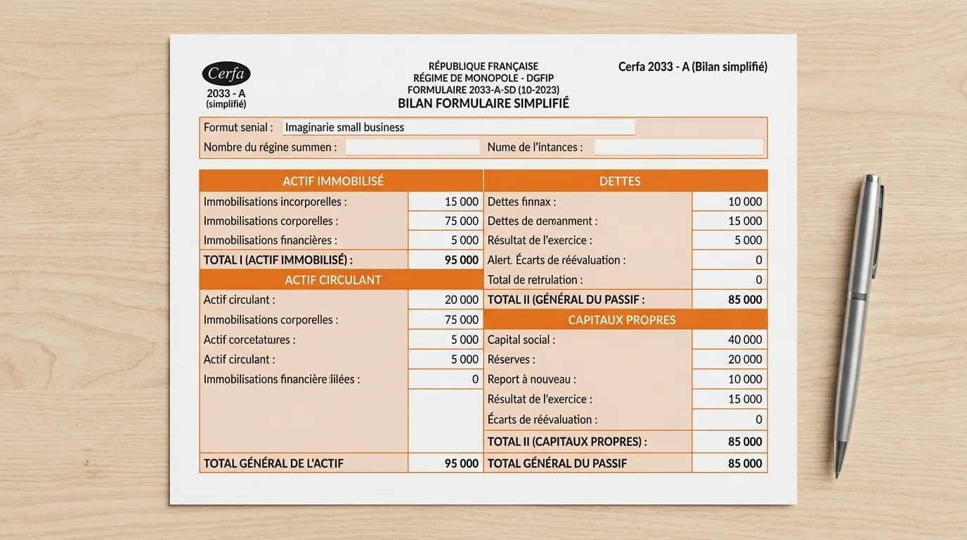 Formulaire Cerfa 2033-A de bilan simplifié avec cases actif immobilisé et capitaux propres remplies