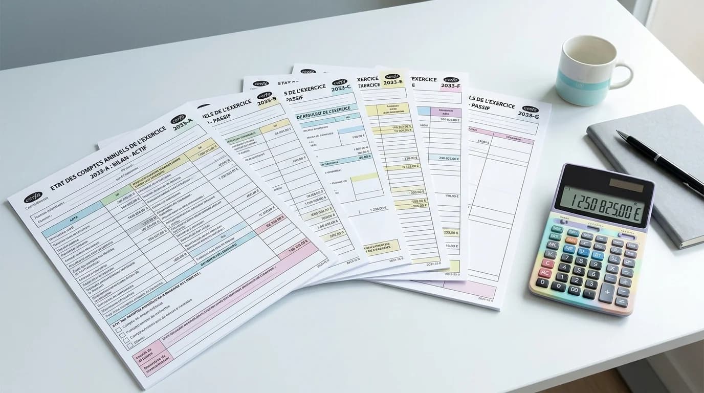 Vue rapprochée des sept tableaux du cerfa 2033 disposés en éventail sur un bureau avec une calculatrice et un stylo