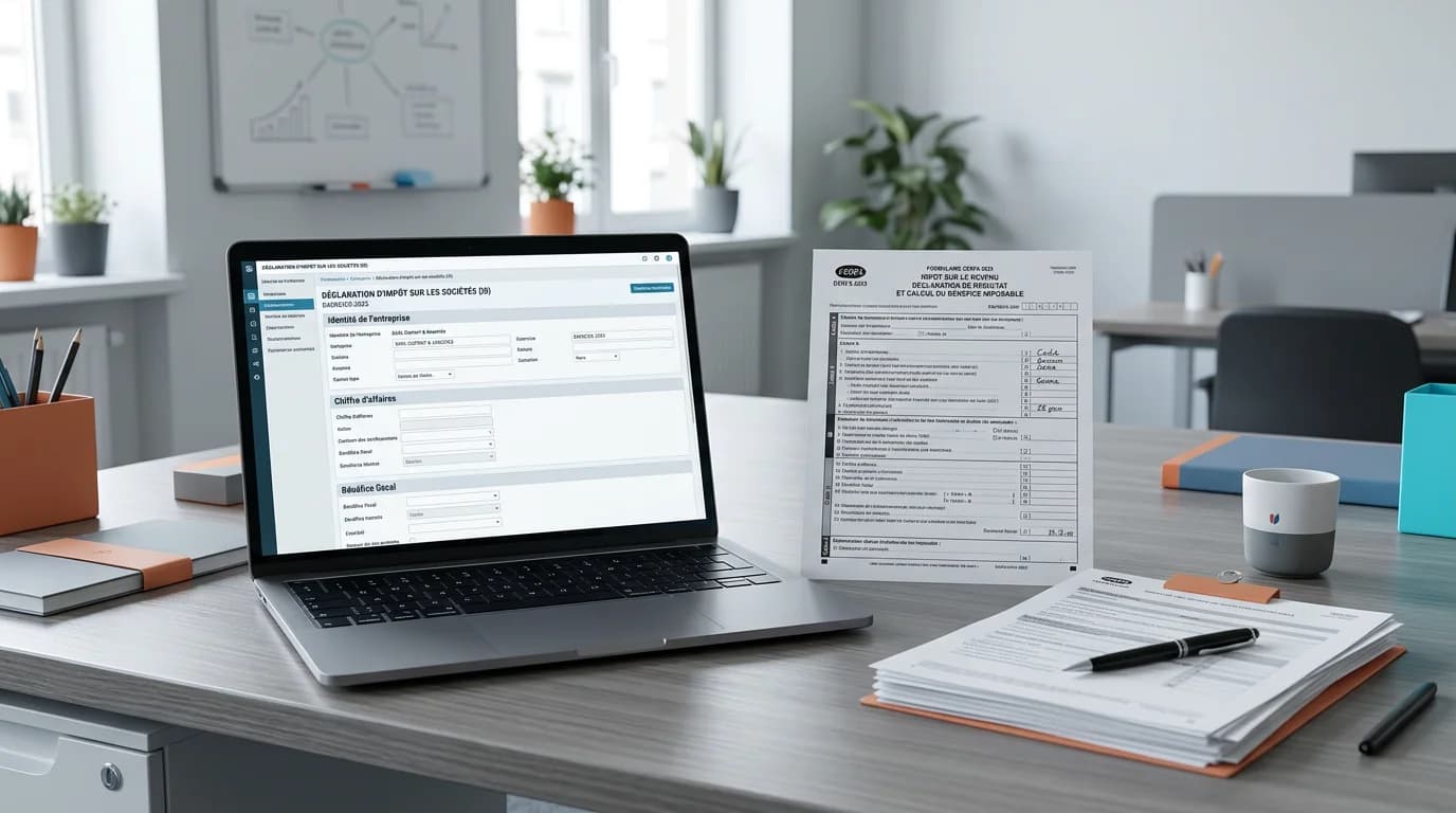 Bureau d'expert-comptable avec la liasse fiscale cerfa 2033 imprimée et un ordinateur portable affichant une déclaration en cours
