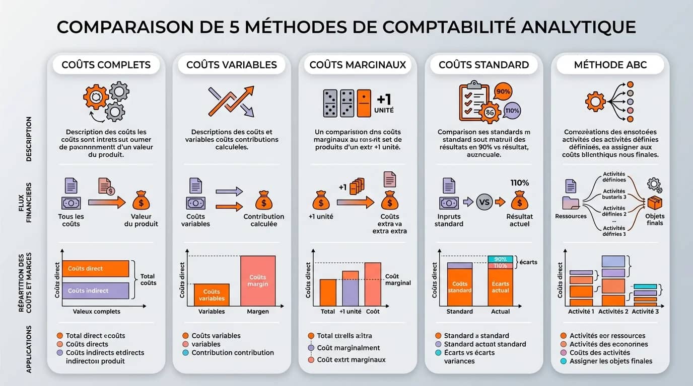 Infographie comparant les 5 méthodes de comptabilité analytique avec des icônes de flux financiers et des graphiques de répartition des coûts