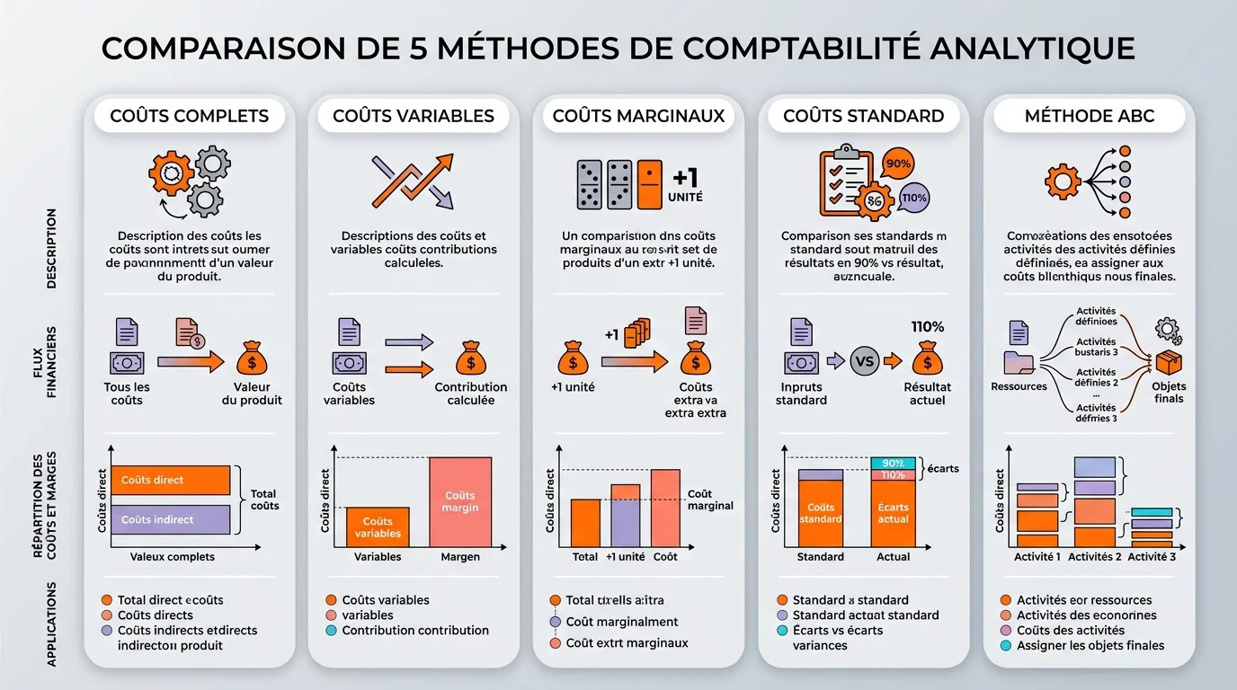 Infographie comparant les 5 méthodes de comptabilité analytique avec des icônes de flux financiers et des graphiques de répartition des coûts