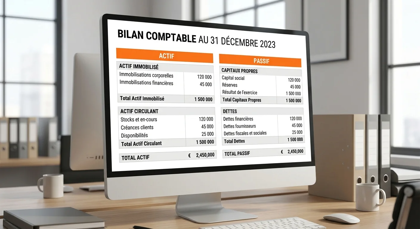 Bilan comptable avec colonnes actif et passif affiché sur écran d'ordinateur dans un cabinet comptable