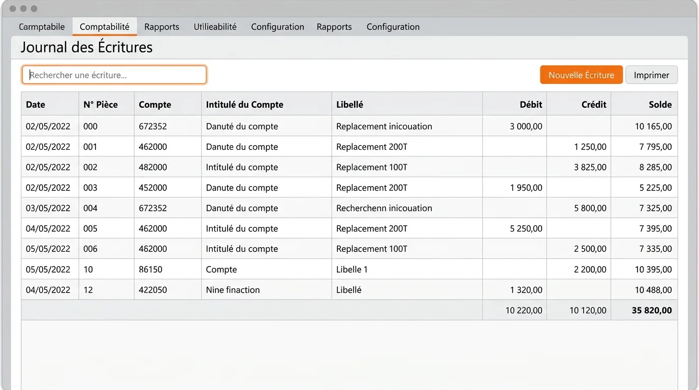 Interface de logiciel comptable affichant un journal des écritures avec colonnes débit crédit et solde