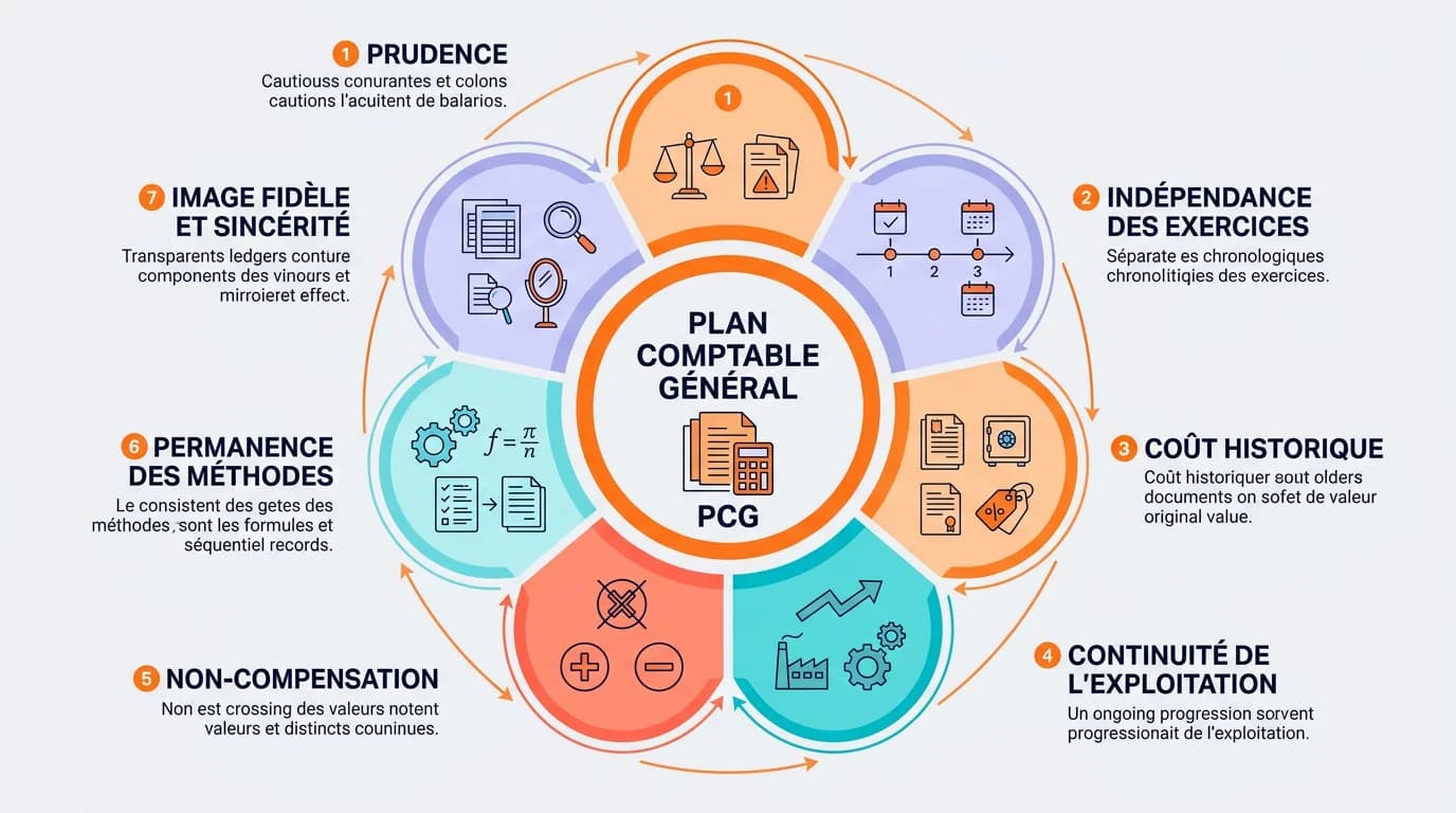 Schéma des sept principes comptables fondamentaux organisés en cercle autour du Plan Comptable Général