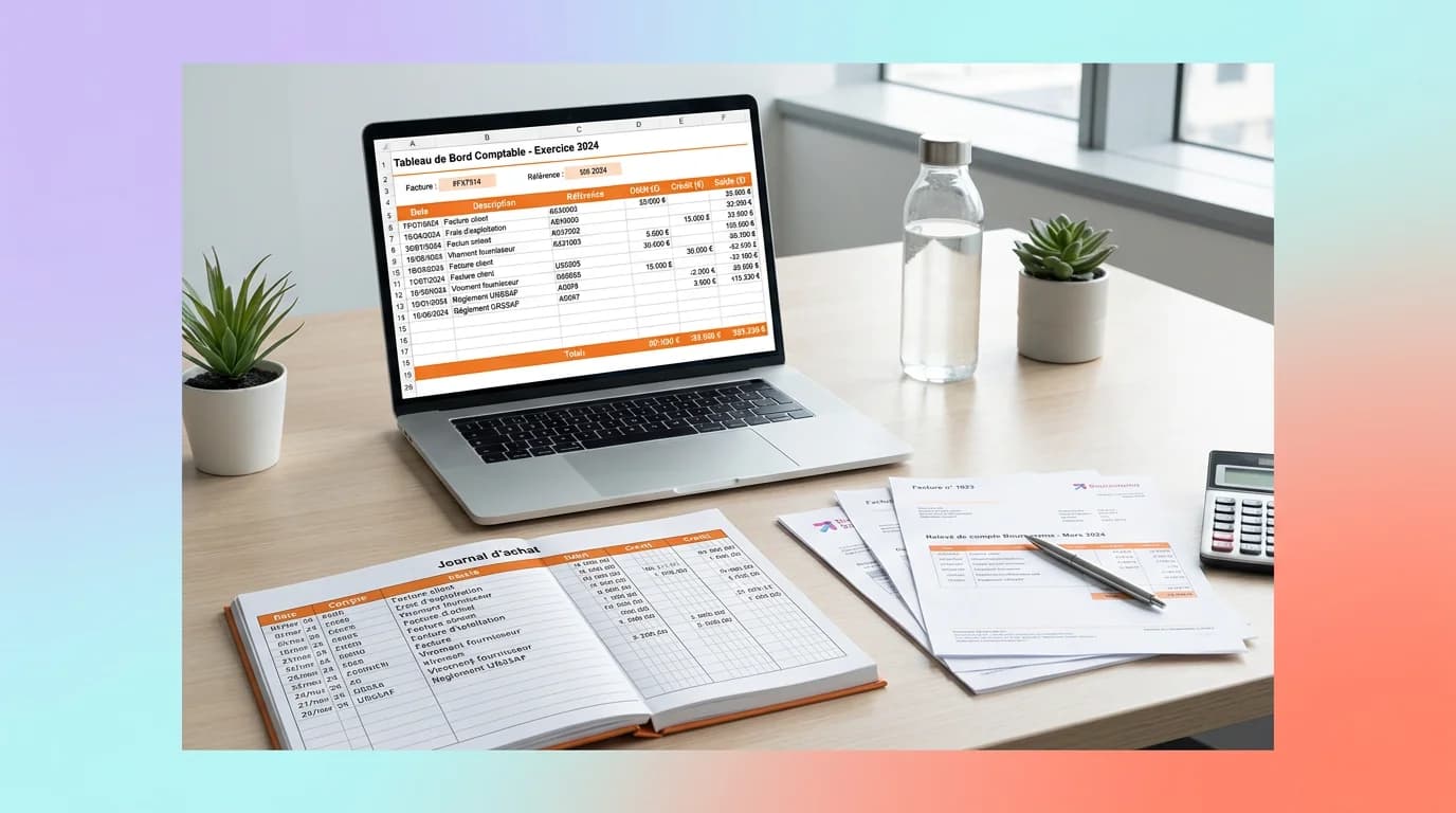 Tableau de bord comptable avec colonnes débit crédit et documents financiers sur un bureau professionnel