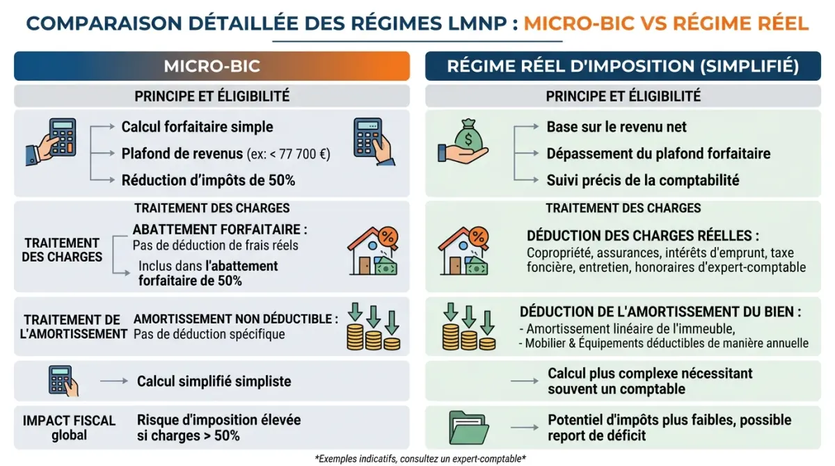 Tableau comparatif micro-BIC et régime réel pour la comptabilité LMNP avec colonnes charges et amortissements