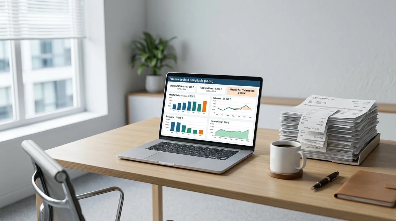 Bureau d'un dirigeant de SASU avec un ordinateur portable affichant un tableau de bord comptable, des factures papier empilées à droite, un mug de café, éclairage naturel de fenêtre à gauche