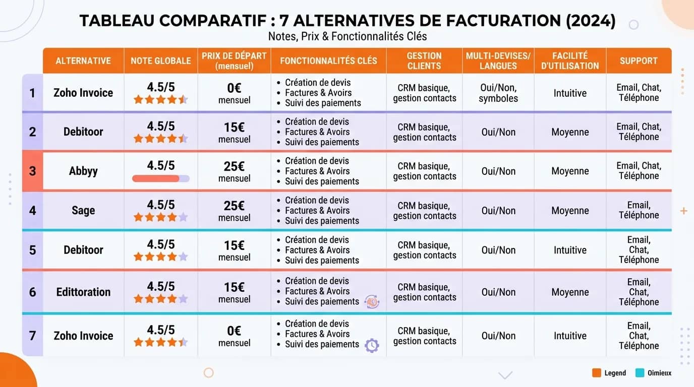 Tableau comparatif de cinq logiciels de facturation gratuits affiches sur un ecran d'ordinateur portable avec des graphiques de performance