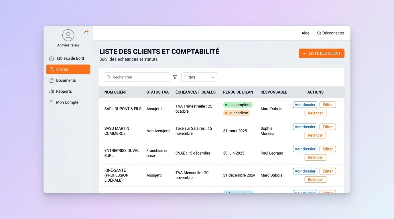 Interface CRM comptabilité affichant une liste de clients avec échéances fiscales, statut TVA, dates de rendu de bilan et boutons d'action rapide