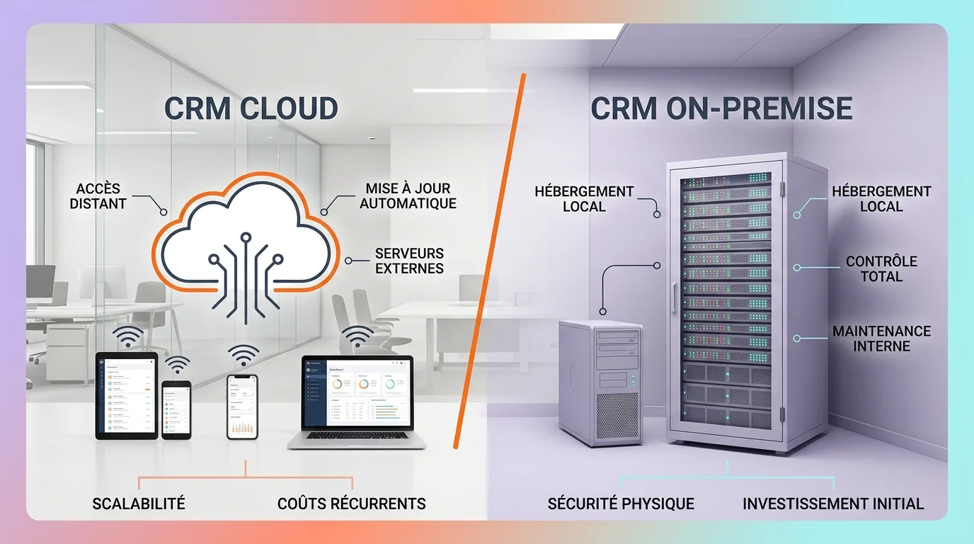 Comparaison visuelle entre CRM cloud avec icône nuage et CRM on-premise avec icône serveur dans un bureau