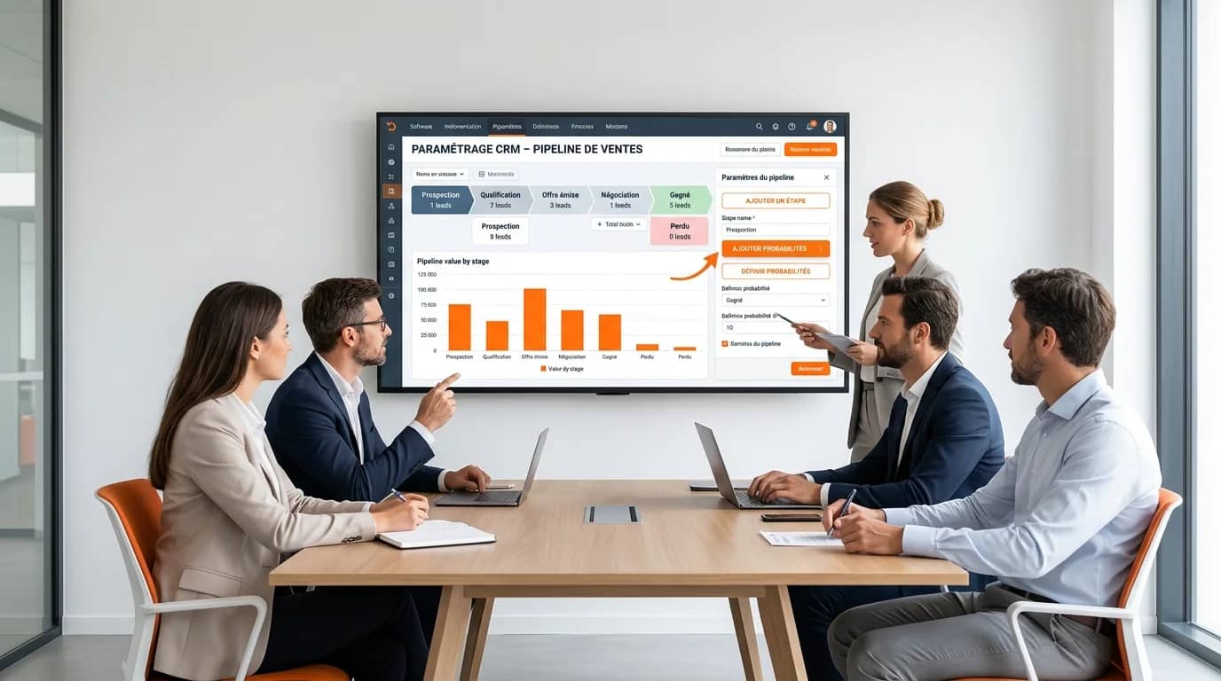 Équipe PME en réunion autour d'un écran affichant le paramétrage d'un CRM progiciel avec pipeline de ventes