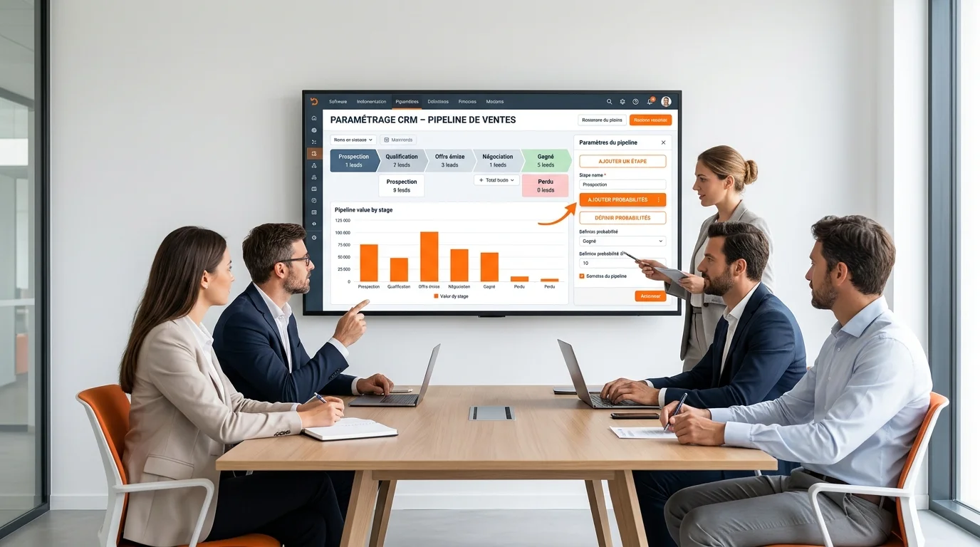 Équipe PME en réunion autour d'un écran affichant le paramétrage d'un CRM progiciel avec pipeline de ventes