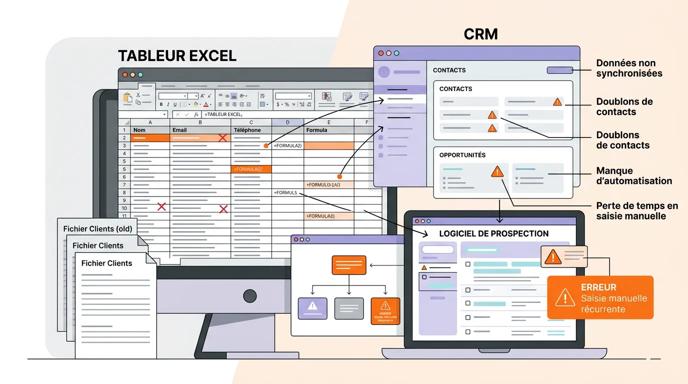 Illustration d'un commercial débordé entre tableur Excel et CRM mal configuré symbolisant les erreurs courantes d'usage d'un logiciel de prospection