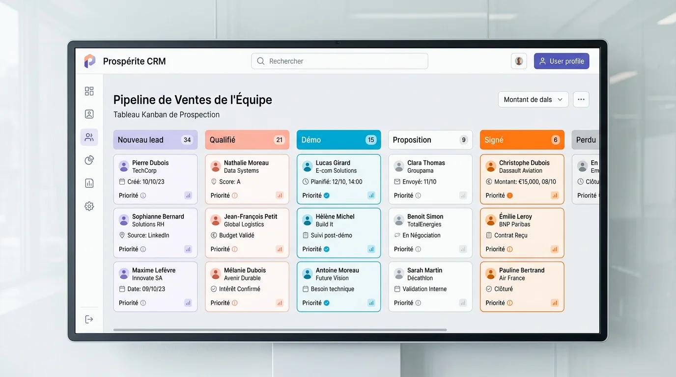 Tableau Kanban d'un pipeline de prospection commerciale avec colonnes Nouveau lead, Qualifié, Démo, Proposition, Signé, vue d'écran d'un CRM moderne sur fond clair