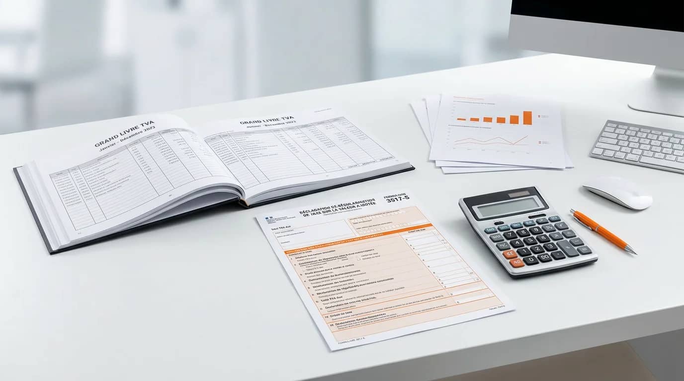 Comptable revérifiant sa déclaration 3517-S avec calculatrice et grand livre TVA sur un bureau