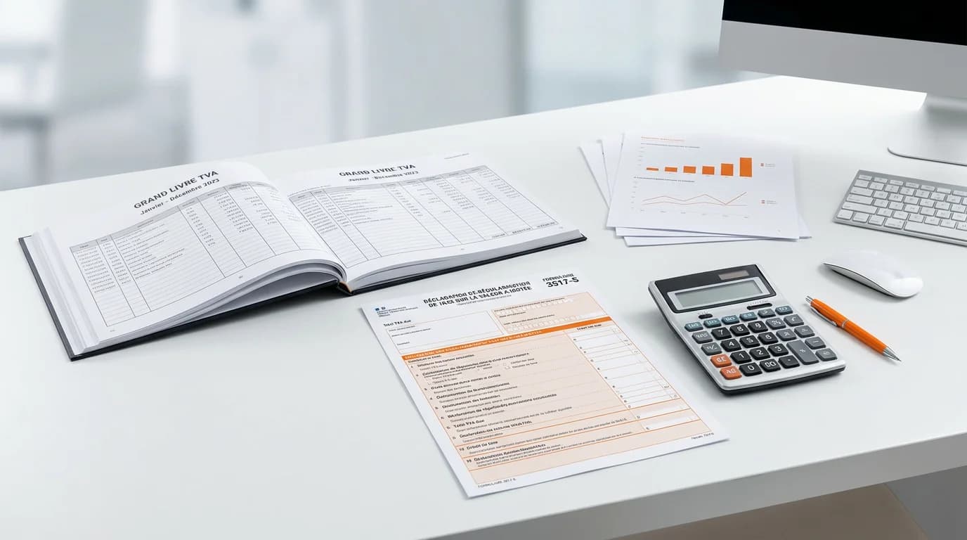 Comptable revérifiant sa déclaration 3517-S avec calculatrice et grand livre TVA sur un bureau
