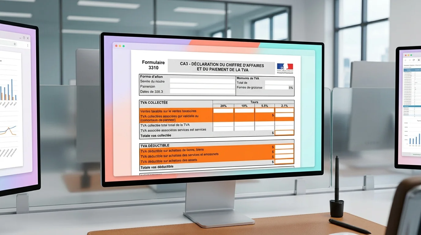 Formulaire 3310 CA3 avec zones surlignees pour TVA collectee et TVA deductible sur ecran professionnel