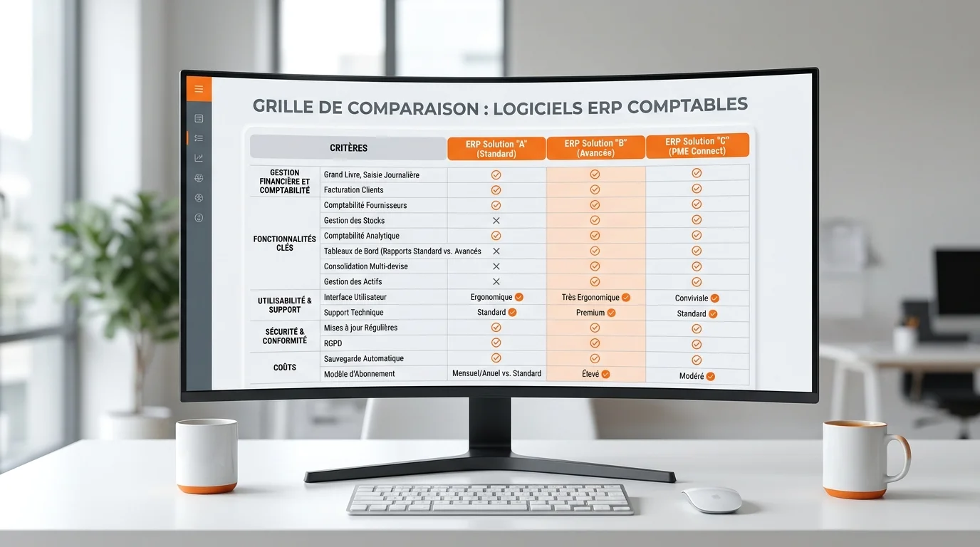 Grille de comparaison de trois ERP comptables sur écran avec critères de sélection cochés