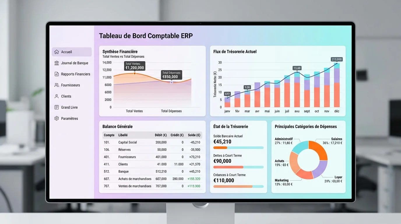 Tableau de bord ERP comptable affichant graphiques financiers, balance générale et flux de trésorerie sur un écran d'ordinateur