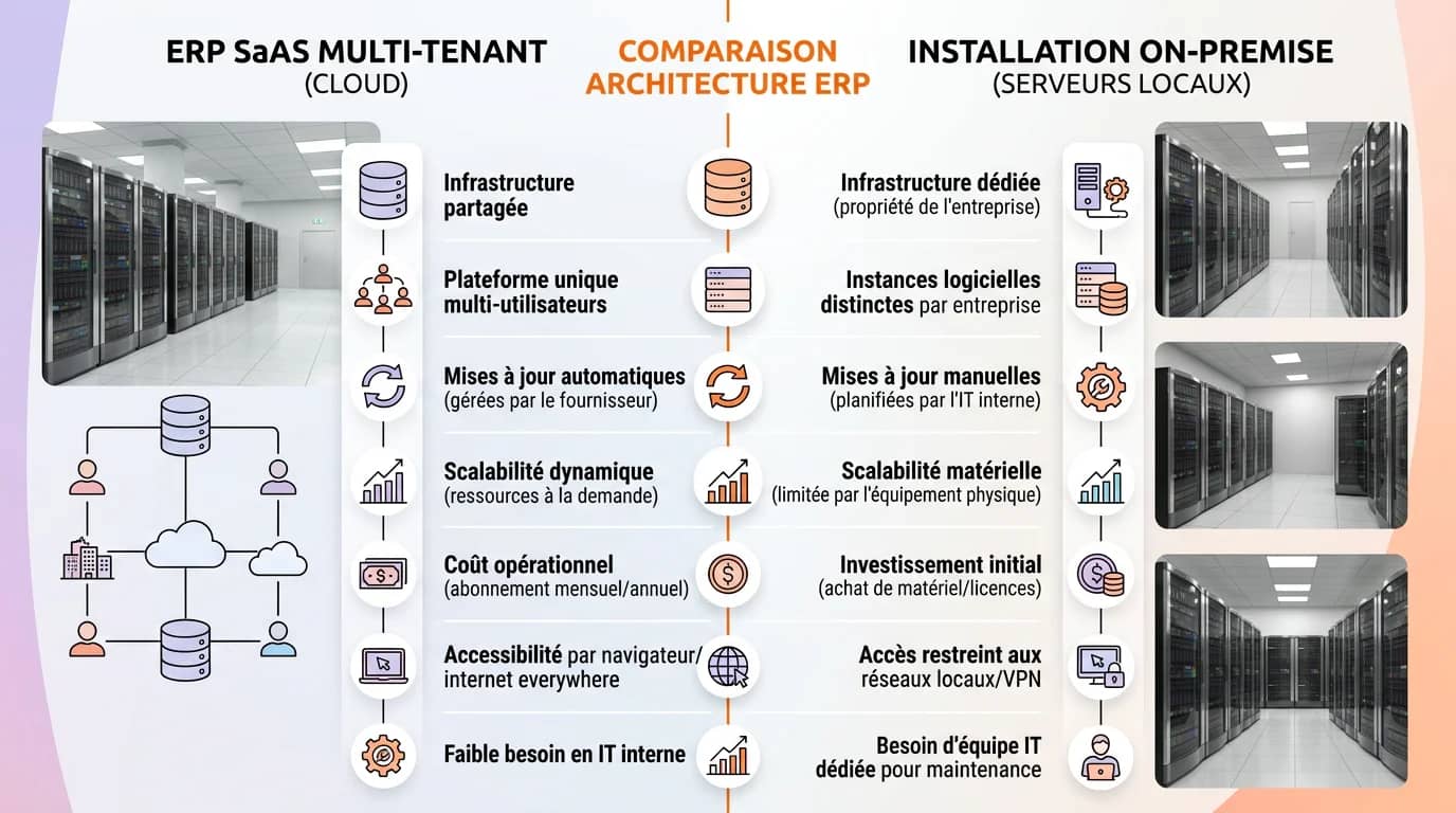Schéma comparatif architecture ERP SaaS multi-tenant versus installation on-premise avec serveurs locaux