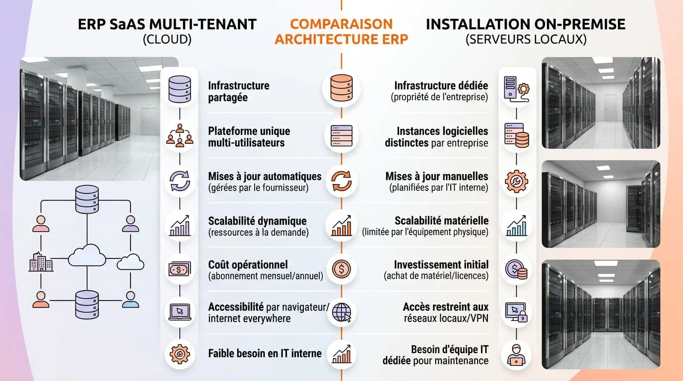 Schéma comparatif architecture ERP SaaS multi-tenant versus installation on-premise avec serveurs locaux