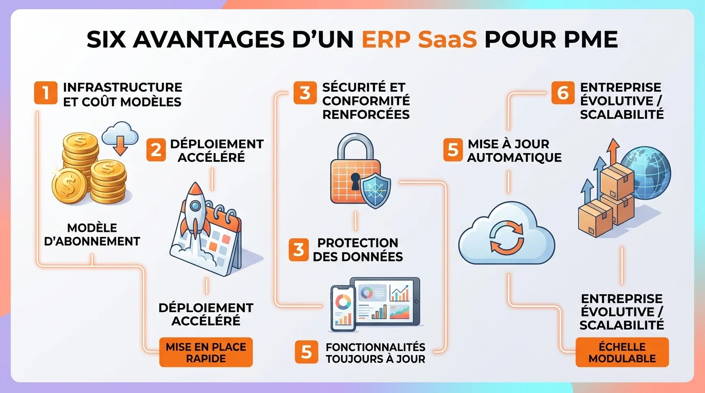 Infographie six avantages ERP SaaS pour PME avec icônes coût déploiement sécurité mobilité scalabilité