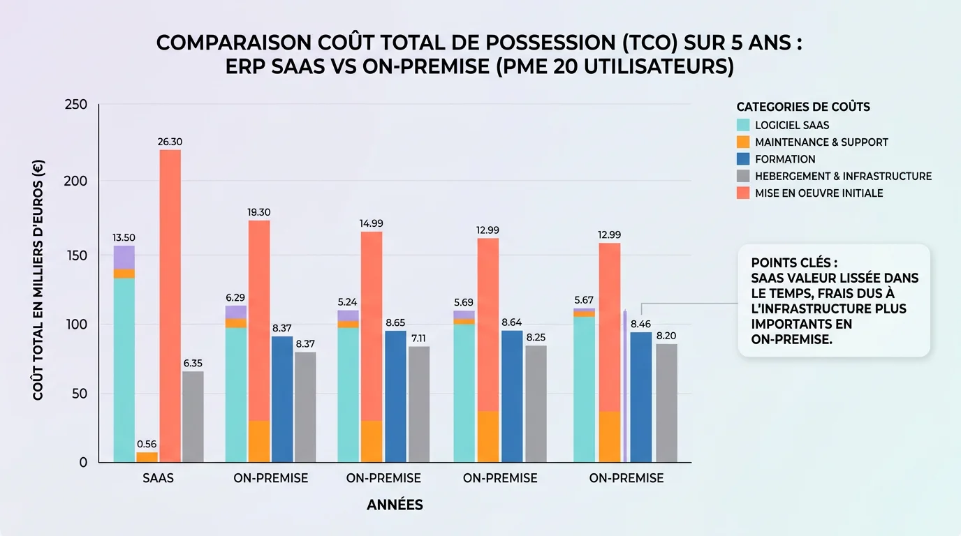 Graphique comparatif coût total de possession ERP SaaS versus on-premise sur cinq ans pour PME vingt utilisateurs