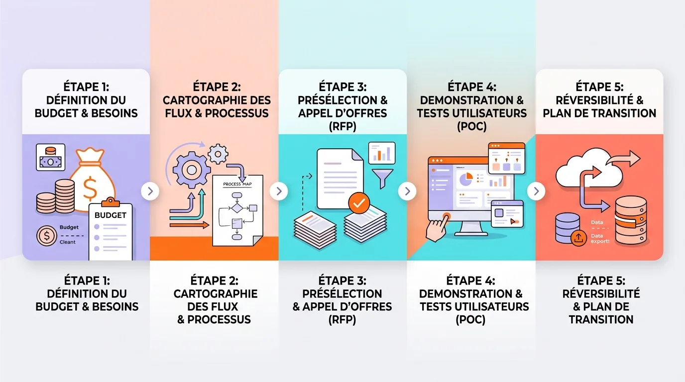 Processus de sélection ERP SaaS en cinq étapes avec pictogrammes flux budget présélection test réversibilité