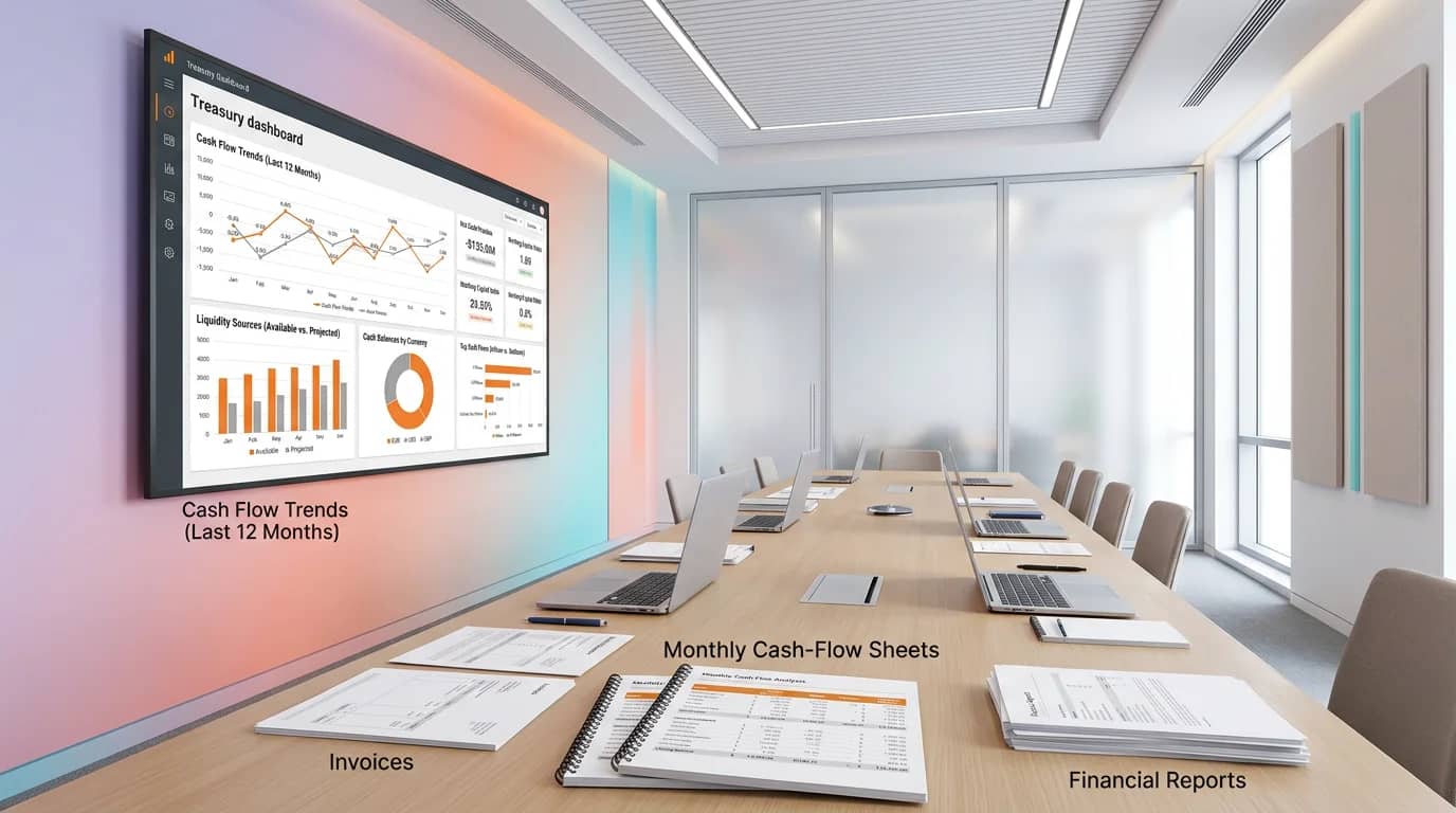Tableau de bord de trésorerie orange et gris affiché sur grand écran dans une salle de réunion de PME