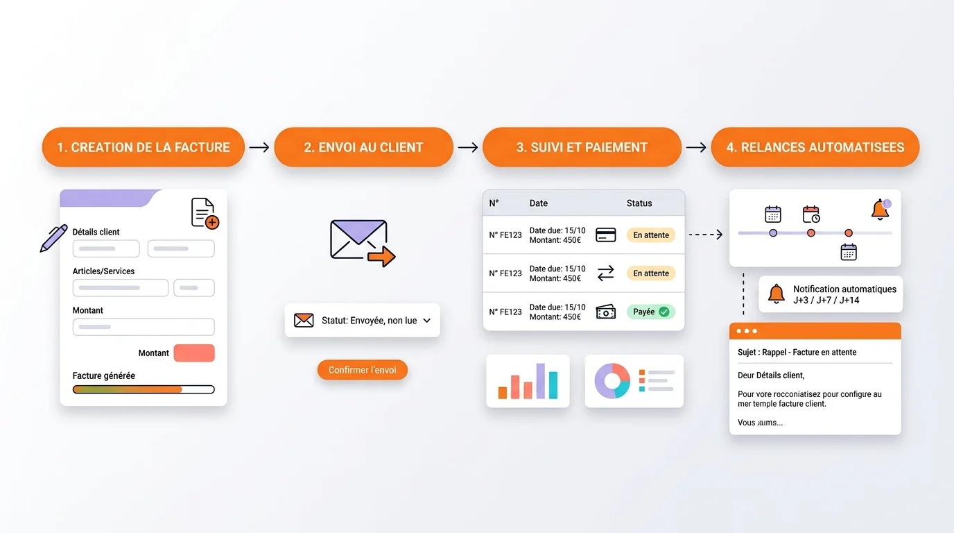 Processus de facturation client dans un logiciel PME : création, envoi, suivi des paiements et relances automatisées
