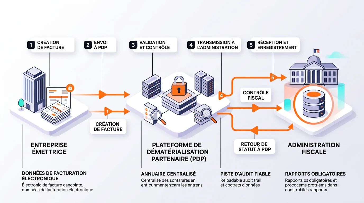 Illustration du flux de facturation électronique 2026 entre entreprise émettrice, plateforme de dématérialisation partenaire et administration fiscale