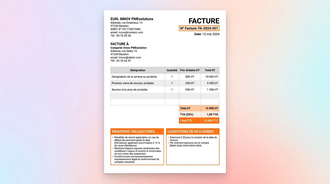 Exemple d'une facture client PME avec mentions obligatoires, numéro, TVA et conditions de règlement mises en évidence