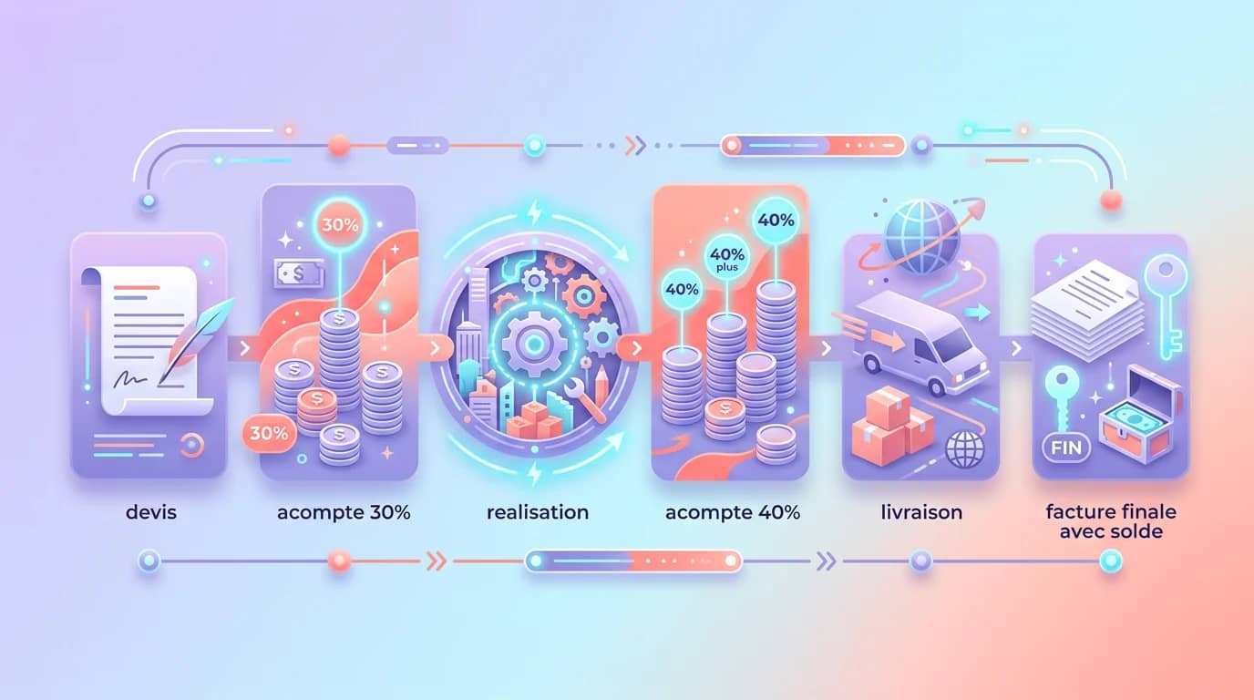 Schema chronologique montrant les etapes de la facture d acompte : devis, acompte 30%, realisation, acompte 40%, livraison, facture finale avec solde