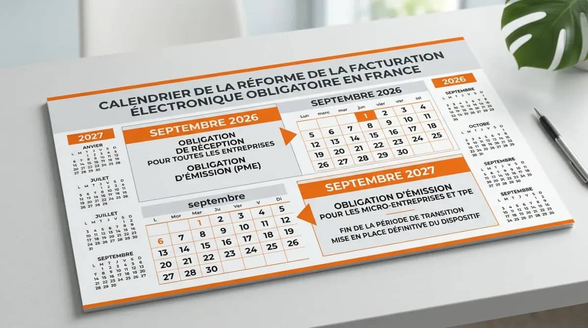 Calendrier mural professionnel montrant les échéances septembre 2026 et 2027 pour la facturation électronique obligatoire en France