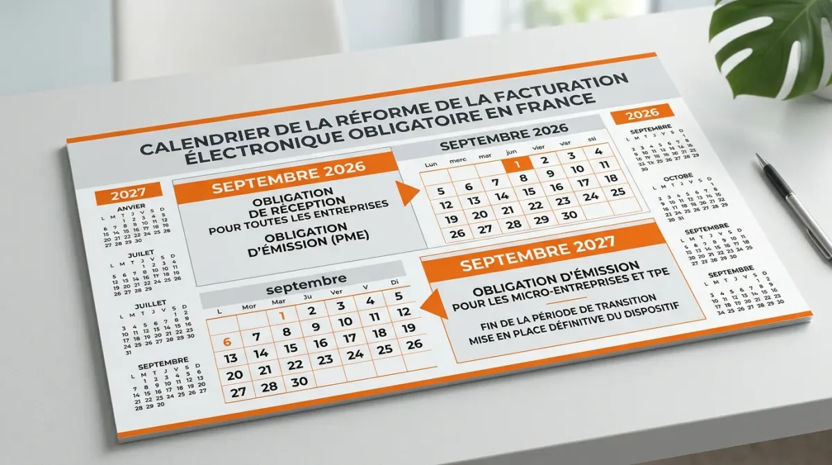 Calendrier mural professionnel montrant les échéances septembre 2026 et 2027 pour la facturation électronique obligatoire en France