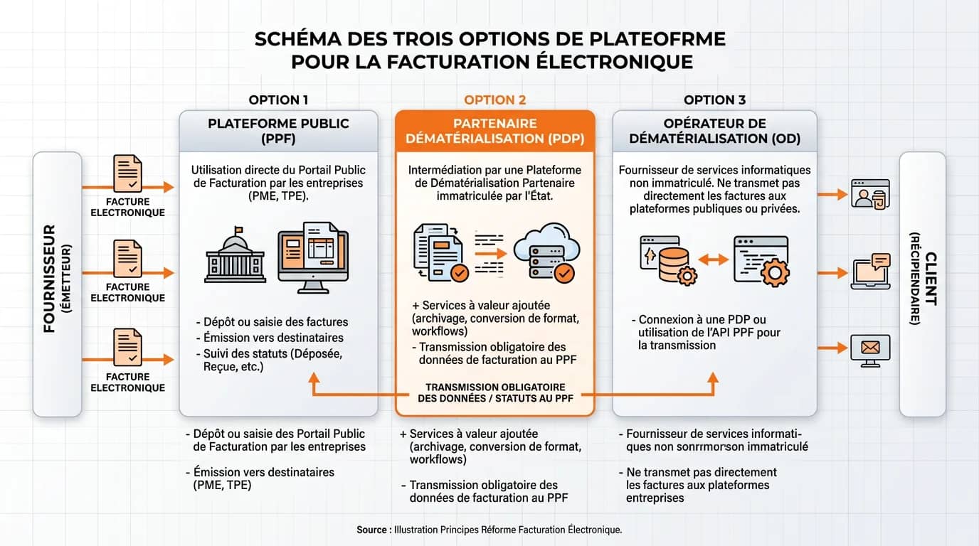 Schéma montrant les trois options de plateforme pour la facturation électronique PPF PDP et OD avec flèches de connexion