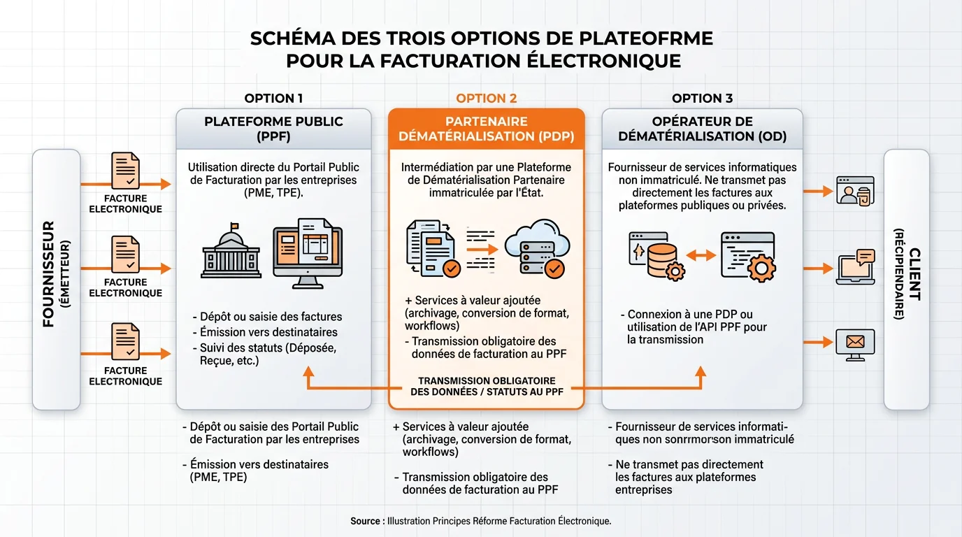 Schéma montrant les trois options de plateforme pour la facturation électronique PPF PDP et OD avec flèches de connexion