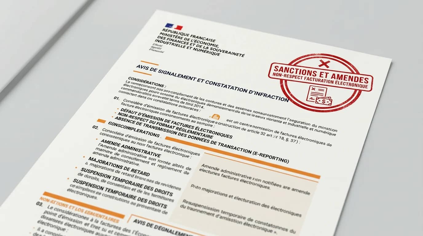 Document administratif avec tampon rouge symbolisant les sanctions et amendes liées au non-respect de la facturation électronique
