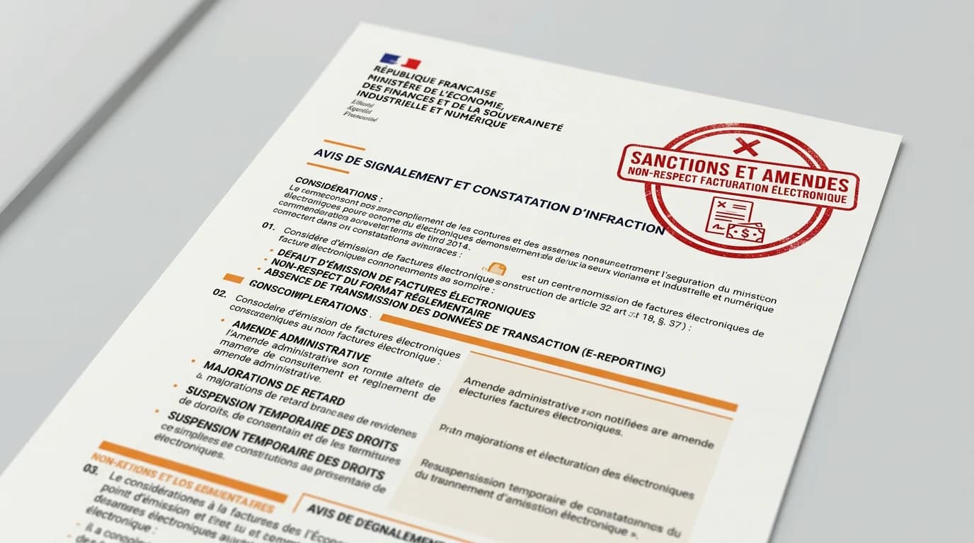 Document administratif avec tampon rouge symbolisant les sanctions et amendes liées au non-respect de la facturation électronique