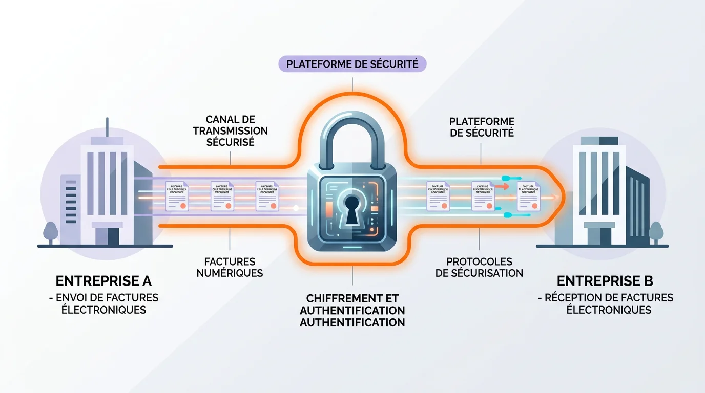 Cadenas numérique et flux de données sécurisé entre deux entreprises symbolisant la sécurisation des factures électroniques
