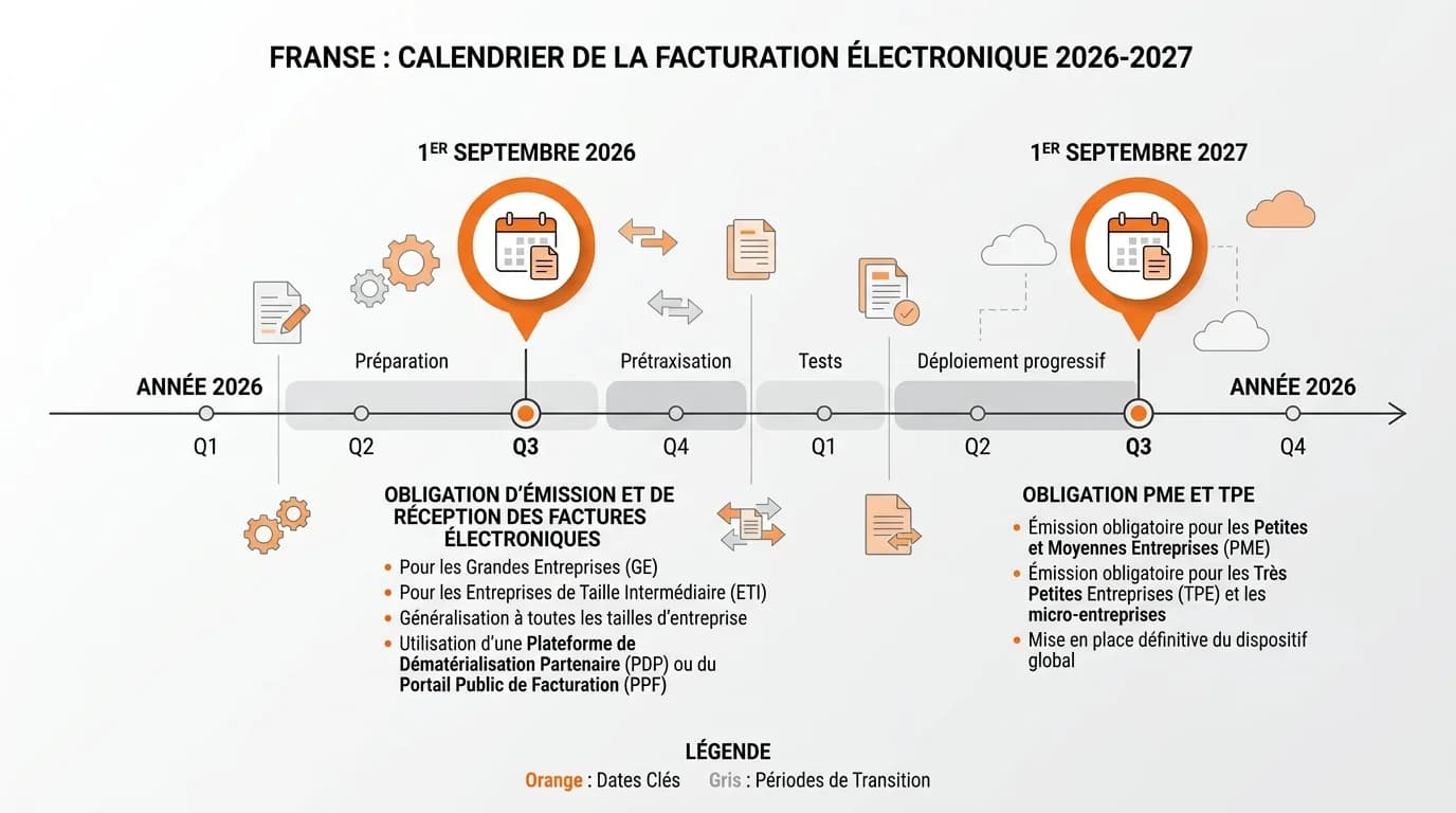 Frise chronologique montrant les échéances 2026 et 2027 de la facturation électronique obligatoire pour les entreprises françaises
