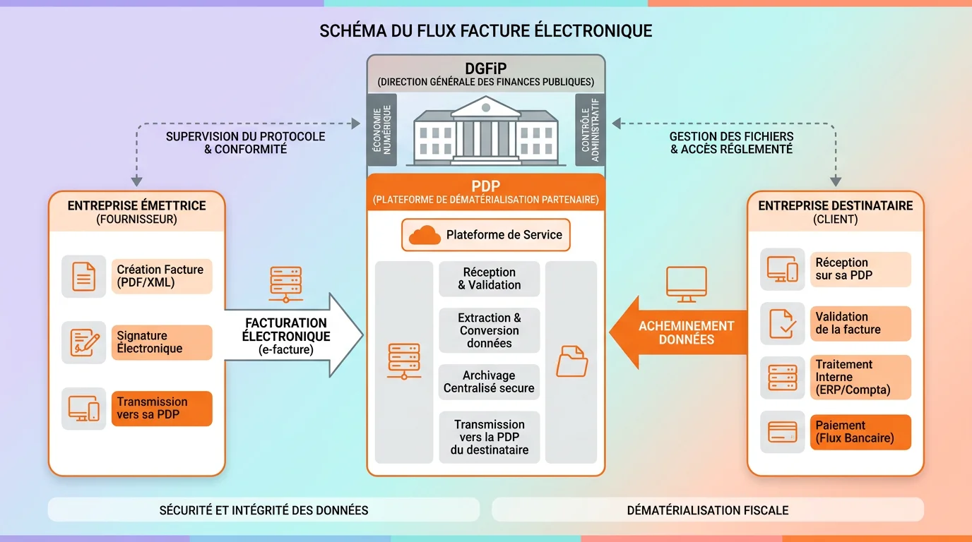 Schéma du flux d'une facture électronique entre l'émetteur, la plateforme de dématérialisation partenaire et le destinataire