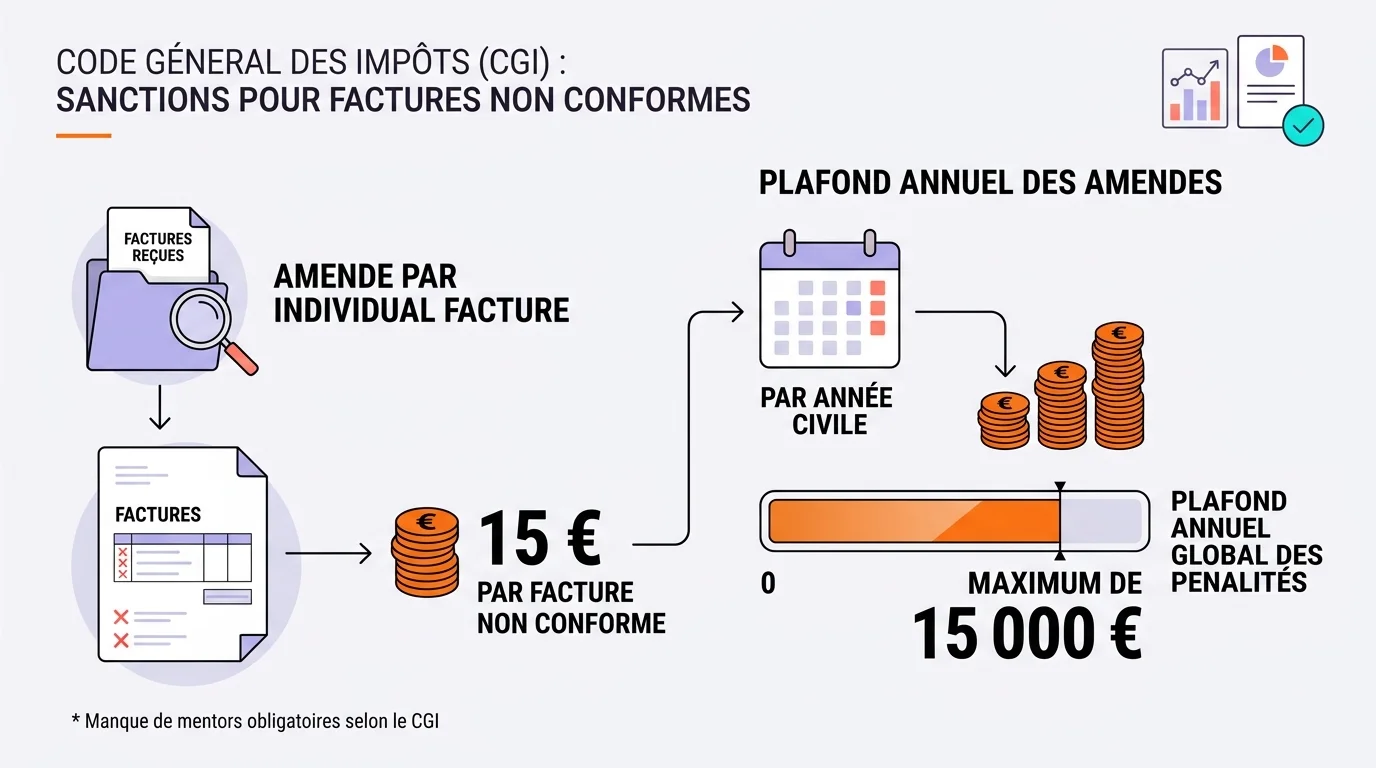 Illustration schématique des sanctions financières prévues par le Code général des impôts pour non-respect de la facturation électronique