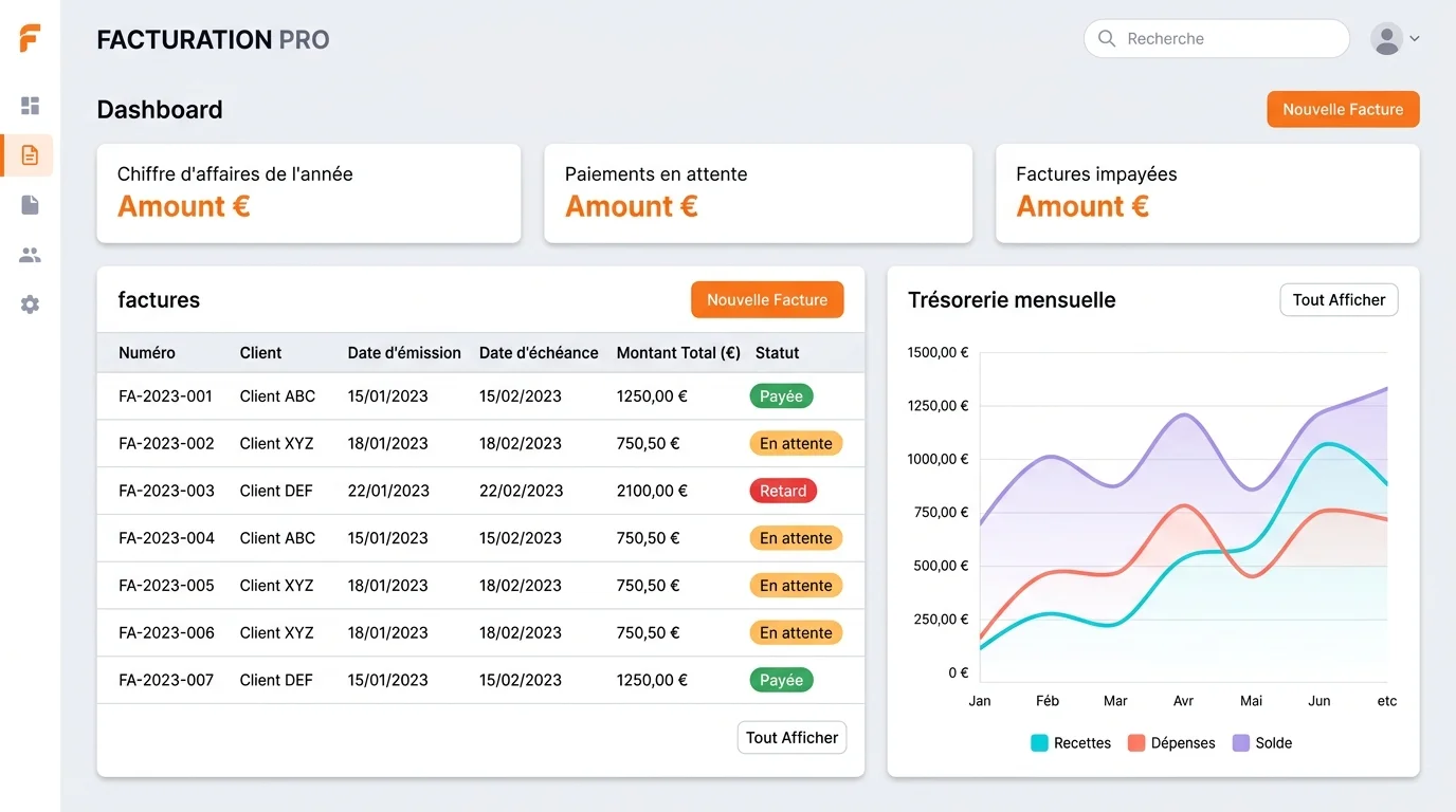 Écran de logiciel de facturation en ligne montrant un tableau de bord avec liste de factures, statuts de paiement et graphique de trésorerie