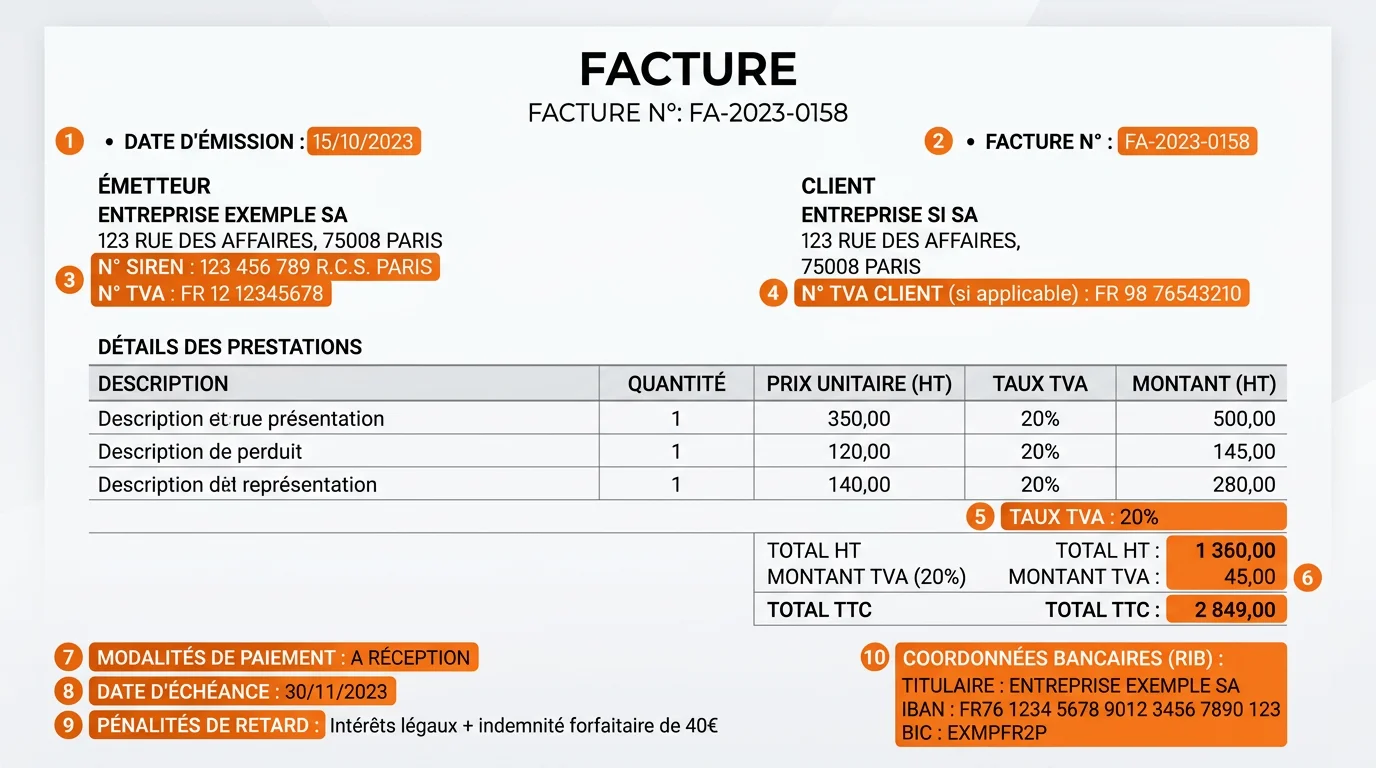 Exemple de facture en ligne conforme avec les 12 mentions obligatoires surlignées en orange sur fond blanc